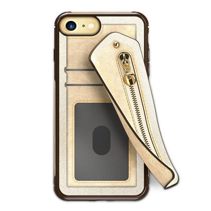 Zizo Nebula Wallet Case - Bőr tok iPhone XS / X készülékhez könyvzsebekkel + cipzáras táska + 9H üveg bézs képernyőhöz