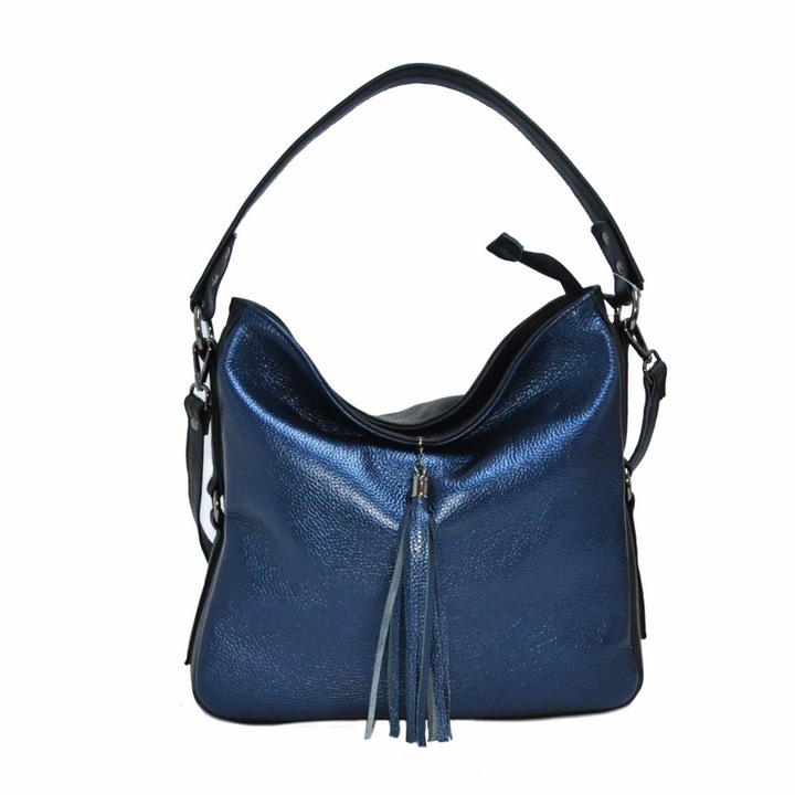 Geanta dama,Zea,piele naturala,neagra/blue metalizat