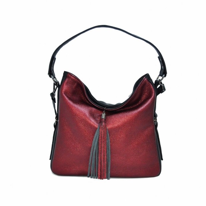 Geanta dama,Zea,piele naturala,neagra/visiniu metalizat