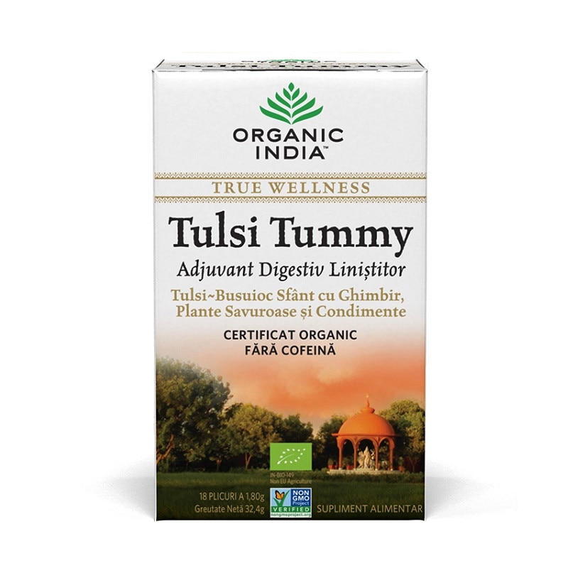 Ceai Digestiv Tulsi Tummy cu Ghimbir, Plante Savuroase și Condimente, Organic India, 18 plicuri