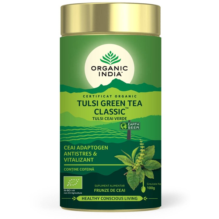 Ceai Tulsi cu ceai verde antistres si revitalizant 100g Organic India