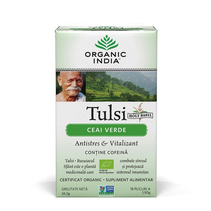 Ceai Tulsi cu ceai verde antistres si revitalizant 18 plicuri Organic India