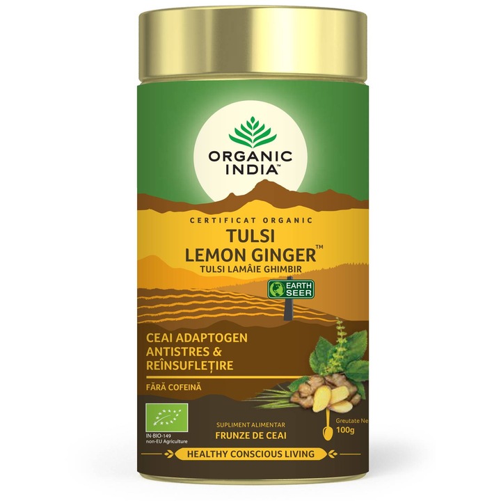 Ceai Tulsi cu lamaie si ghimbir antistres si reinsufletire 100 g Organic India