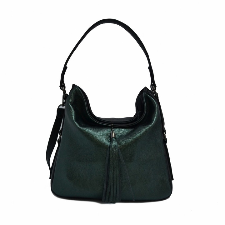 Zea Női táska, természetes bőr, fekete / metál zöld