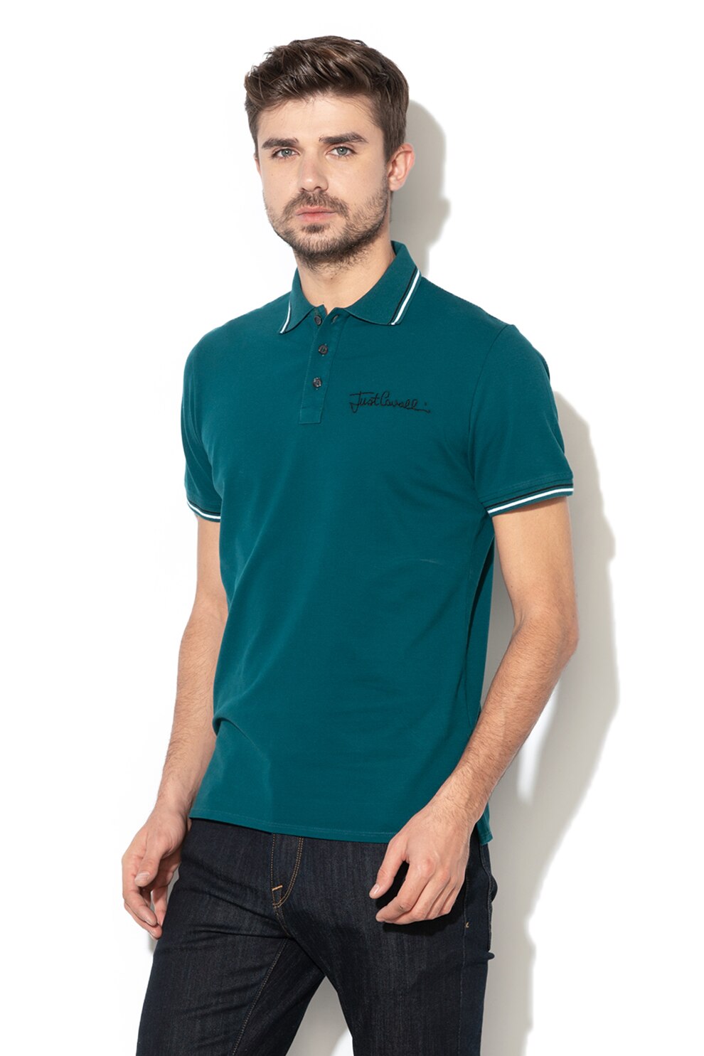 JUST CAVALLI, Tricou polo cu broderie logo, Verde inchis
