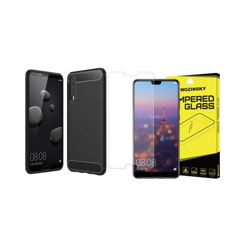 Set Husa Carbon Pro Forcell Neagra Si Folie Sticla Securizata Wozinsky Pentru Huawei P20 Pro