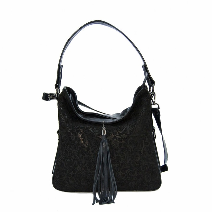 Zea női táska, valódi bőr, virágos, fekete