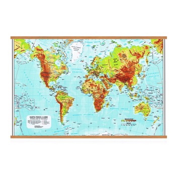 Harta dubla 50 x 70 cm , Lumea Fizica/Politica (fata / verso), cu 2 baghete Harta dubla 50 x 70 cm , Lumea Fizica/Politica (fata / verso), cu 2 baghete