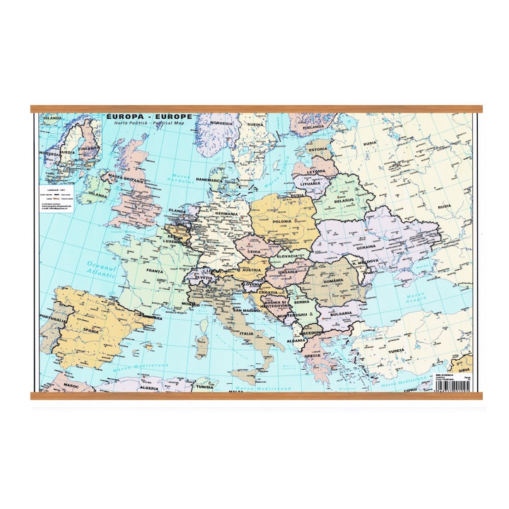 Harta dubla 100 x 140 cm , Europa Fizica/Politica ( fata / verso), cu 2 baghete