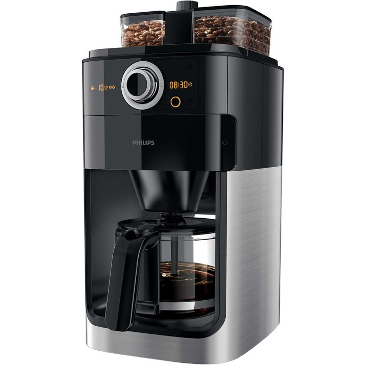 Кафемашина Philips Grind & Brew HD7769/00, 1000 W, Стъклена купа, Вградена кафемелачка, Aroma Seal, Система за избор на концентрация за регулиране на силата на кафето, Поддържане топлина от 10 минути до 2 часа, Таймер, Черен/Металик