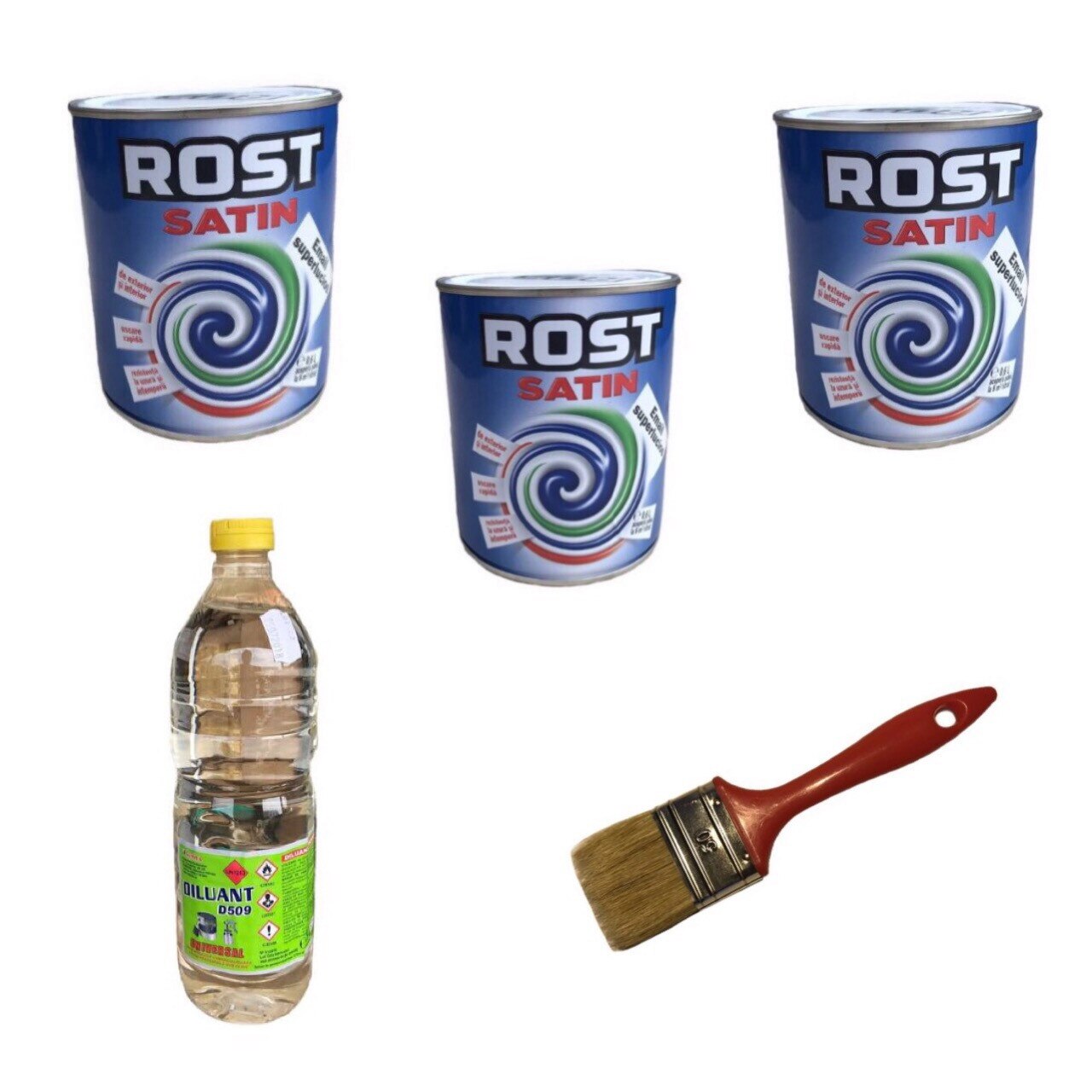 Pachet 3 bucati vopsea Email Satin,albastra, 0.6l + 1 bucata pensula 50mm + 1bucata Diluant D509, 0.9l