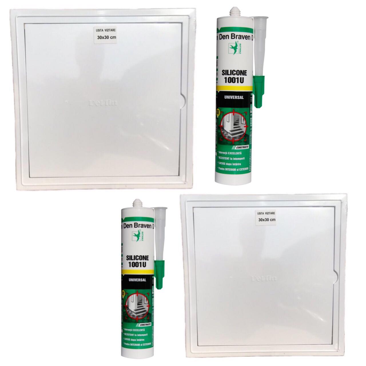 Pachet 2 bucati Usita de vizitare, 30x30 cm + 2 bucati Silicon universal Den Braven 1001 U, alb, interior / exterior, 280 ml