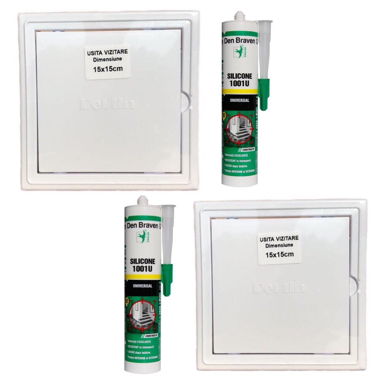 Pachet 2 bucati Usita de vizitare, 15x15 cm + 2 bucati Silicon universal Den Braven 1001 U, alb, interior / exterior, 280 ml