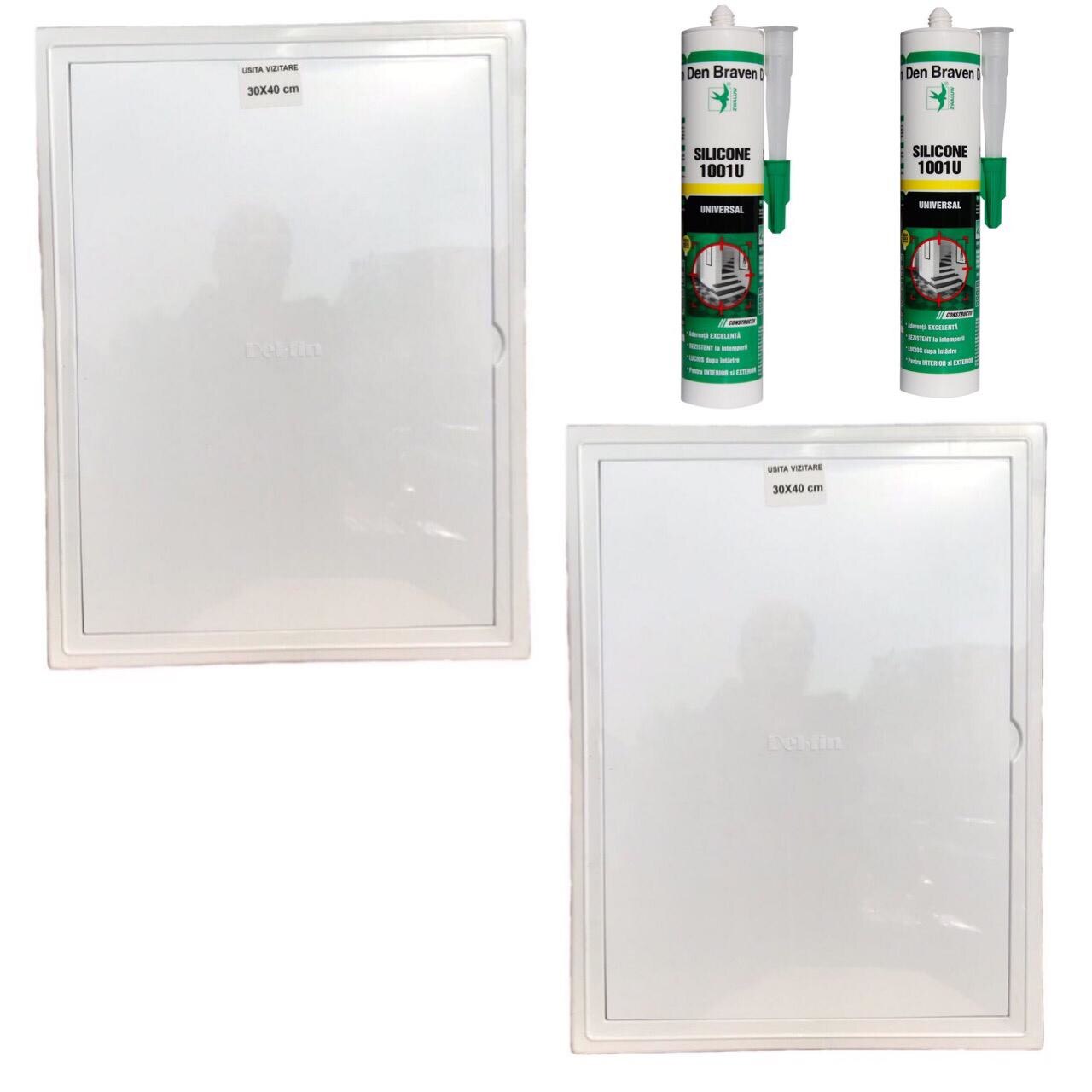 Pachet 2 bucati Usita de vizitare, 30x40 cm + 2 bucati Silicon universal Den Braven 1001 U, alb, interior / exterior, 280 ml