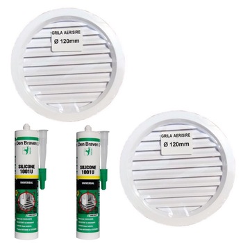 Pachet 2 bucati Rama de aerisire rotunda cu plasa D120mm + 2 bucati Silicon universal Den Braven 1001 U, alb, interior / exterior, 280 ml Pachet 2 bucati Rama de aerisire rotunda cu plasa D120mm + 2 bucati Silicon universal Den Braven 1001 U, alb, interior / exterior, 280 ml