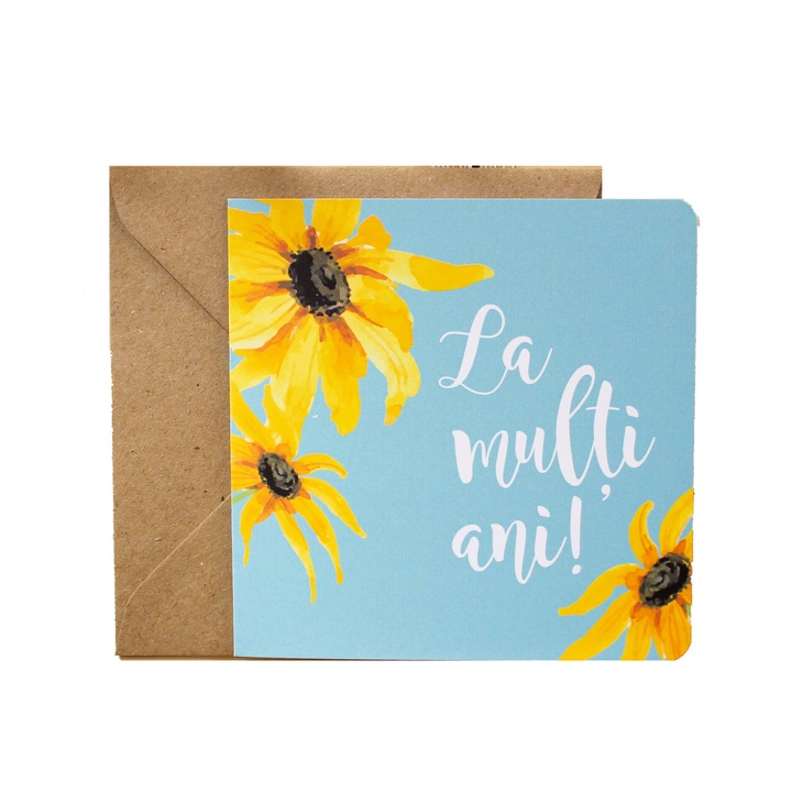 Felicitare Genette La multi ani, Floarea Soarelui pe fundal albastru