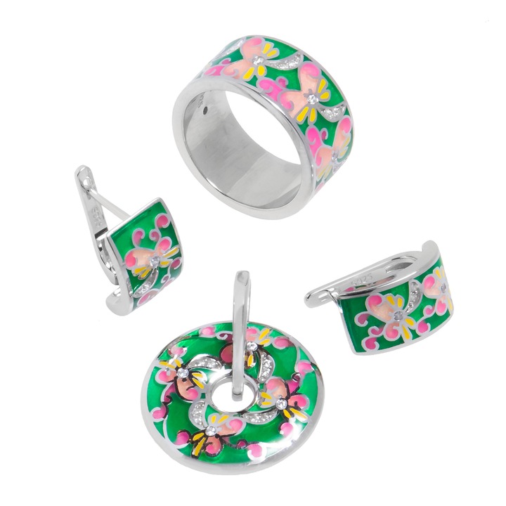 Set bijuterii argint rodiat, cercei, inel si pandantiv, email, SAG21