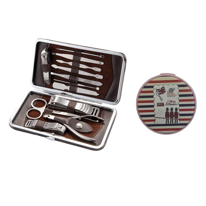 Pachet format din Trusa Profesionala pentru manichiura / pedichiura 12 piese si oglinda dubla rotunda pentru poseta