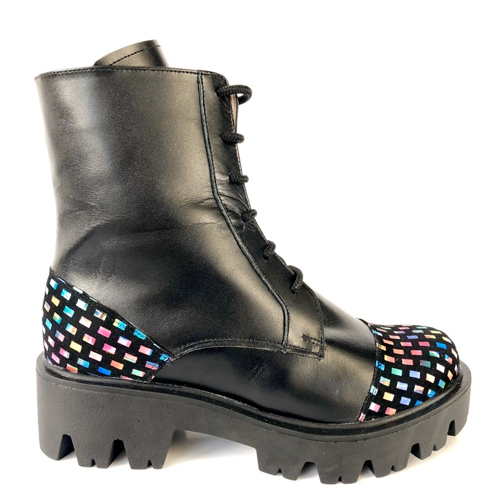 Ghete dama cu bombeu colorat din piele naturala si talpa groasa Mateo Shoes, Negru/Multicolor