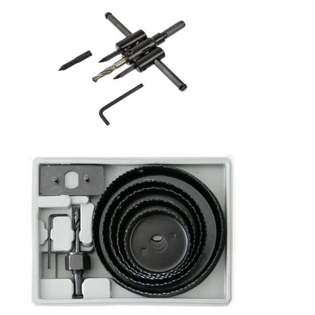 Kit Punctator ,Freza reglabila universala pentru gips carton ,lemn ,metal + Set freze pentru lemn, rigips , 64-127 mm , 8 piese