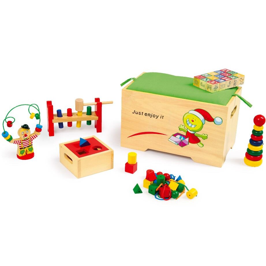 Cutie depozitare jucarii, din lemn, cu 6 jucarii incluse
