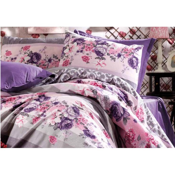 Lenjerie de pat 2 persoane Bosfor Decor, 100% bumbac, cearsaf pat alb, cearsaf pilota alb cu flori mov, roz si gri