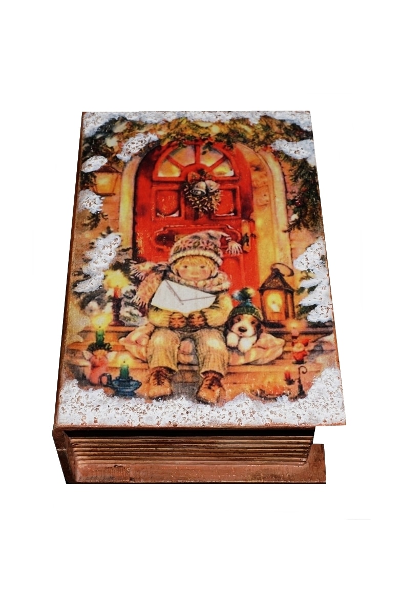 Cutie de bijuterii tip carte decorata si pictata manual prin tehnici mixte, Serena, Scrisoare pentru Mos Craciun