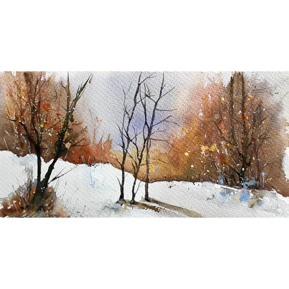 Tablou acuarela Zi de iarna - tablou pictat manual Oana Pinzariu, dimensiune 19 * 37 cm