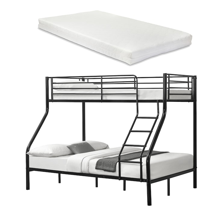 [neu.haus]® Emeletes ágy 2 hideghab matrac 200cm x 140/90cm gyerekágy védőráccsal fém fekete