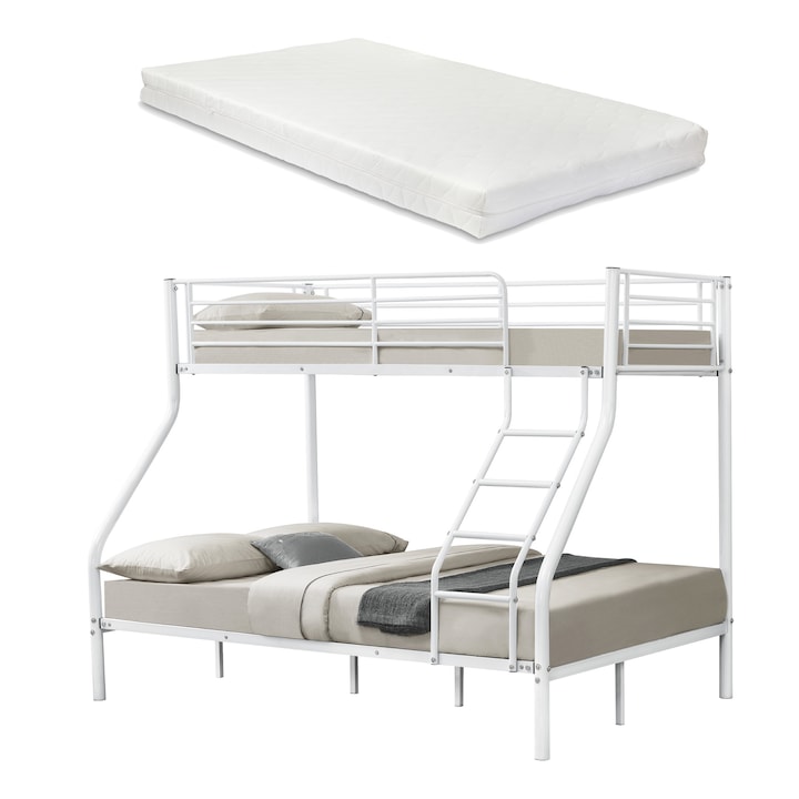 [neu.haus]® Emeletes ágy 2 hideghab matrac 200cm x 140/90cm gyerekágy védőráccsal fém fehér