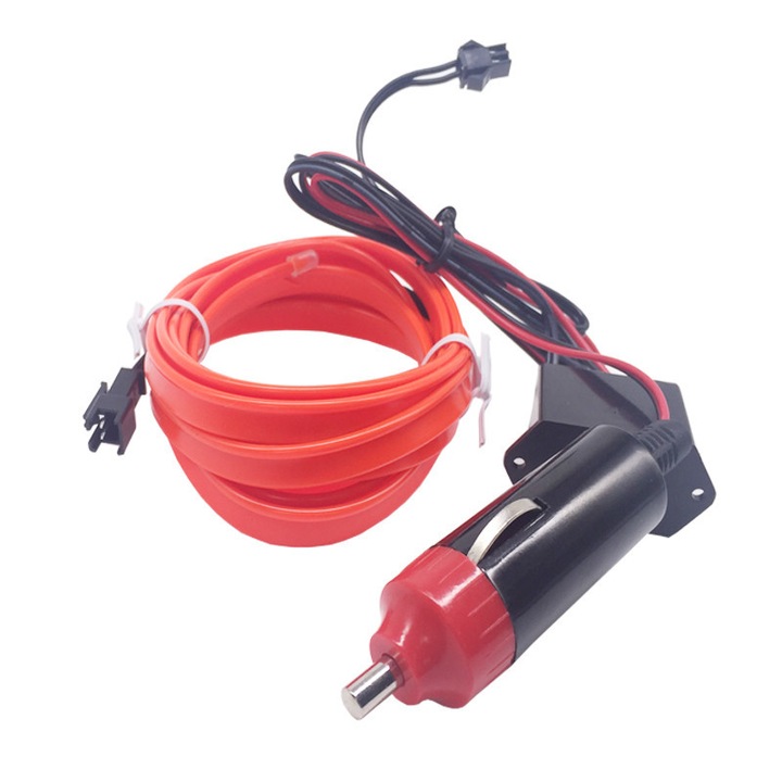 Fir neon auto, electroluminiscent, 2 m, Rosu, cu droser si mufa bricheta, lumina ambientala