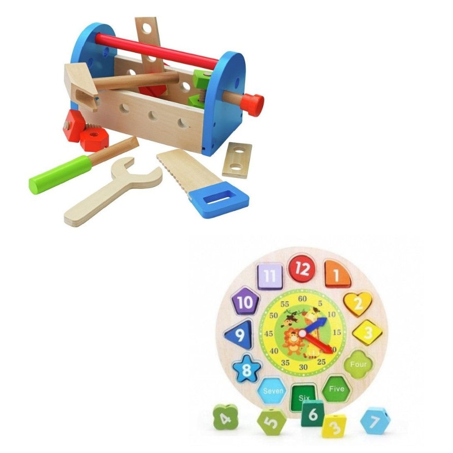 Pachet set din lemn cu scule si ceas cu forme geometrice