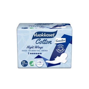 Absorbante de noapte, sensitive Bumbac organic Vuokkoset, lungi cu aripioare, 9 bucati Absorbante de noapte, sensitive Bumbac organic Vuokkoset, lungi cu aripioare, 9 bucati