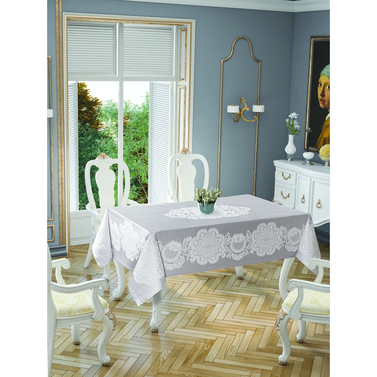 Fata de masa Valentini Bianco , dimensiune 150x220cm , Model Pano Lace , culoare gri