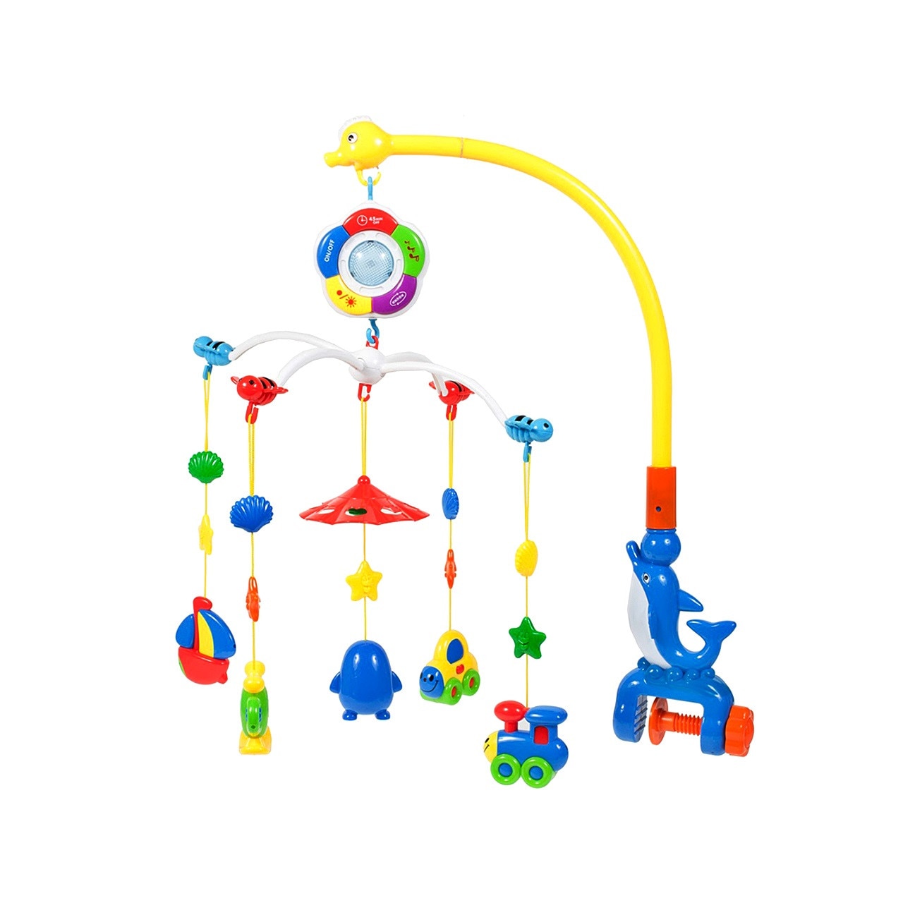 Carusel pentru patut cu lumina de veghe MagStar, pentru copiii 3+ luni, melodii , 4 brate cu diferite jucarii, sistem prinde tip clema