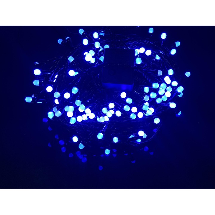 Instalatie de Craciun, 10 m, Liniara, Albastru, 100 leduri Q8, SDX, 8047B, fir negru / ghirlanda