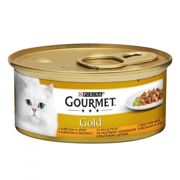 Set 14 conserve, Gourmet Gold Bucatele de Carne in Sos cu Pui si Ficat 85g