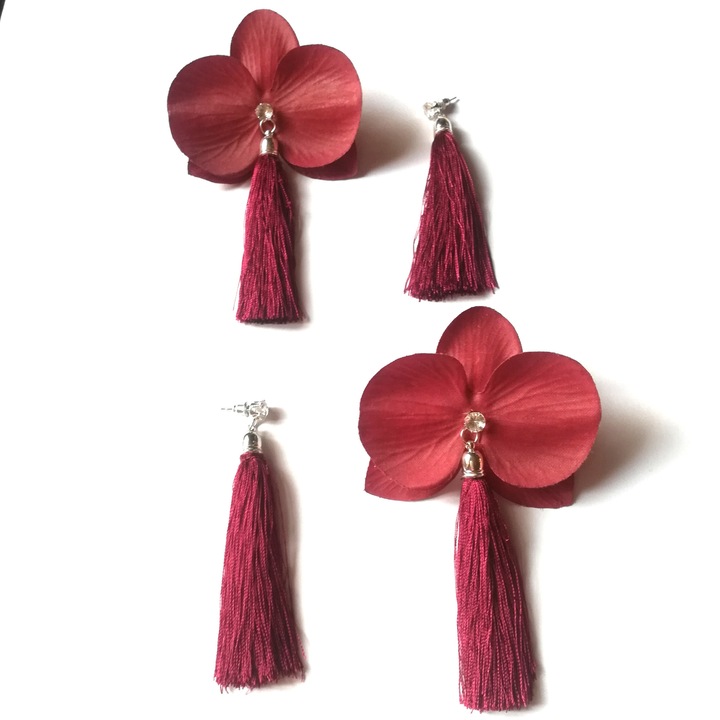 Set cercei handmade cu orhidee textile si ciucuri, / Argintiu, Visiniu/Argintiu