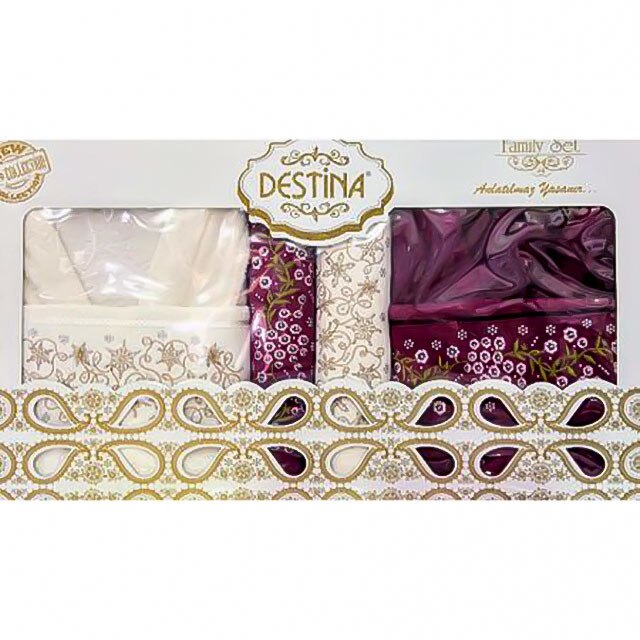 Set baie Destina 6 piese, 2 halate + 4 prosoape, culori alb + mov