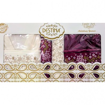 Set baie Destina 6 piese, 2 halate + 4 prosoape, culori alb + mov Set baie Destina 6 piese, 2 halate + 4 prosoape, culori alb + mov