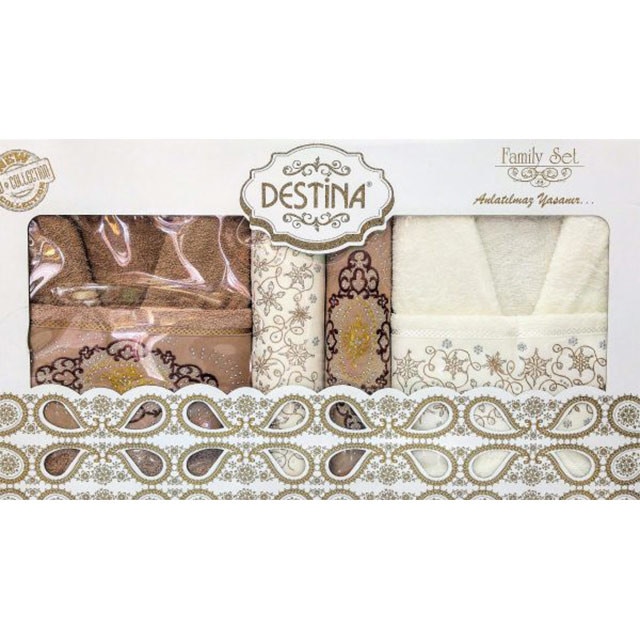 Set baie Destina 6 piese, 2 halate + 4 prosoape, culori alb + maro