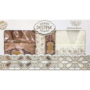 Set baie Destina 6 piese, 2 halate + 4 prosoape, culori alb + maro Set baie Destina 6 piese, 2 halate + 4 prosoape, culori alb + maro