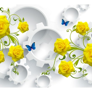 Fototapet de perete autoadeziv si lavabil Trandafiri galbeni si fluturi 270 x 200 cm Fototapet de perete autoadeziv si lavabil Trandafiri galbeni si fluturi 270 x 200 cm