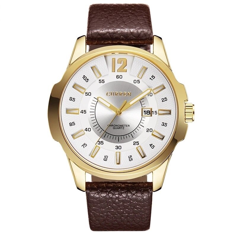 Ceas barbatesc PREMIUM casual, elegant Quartz Curren C4 maro-alb, curea piele, afisaj analog
