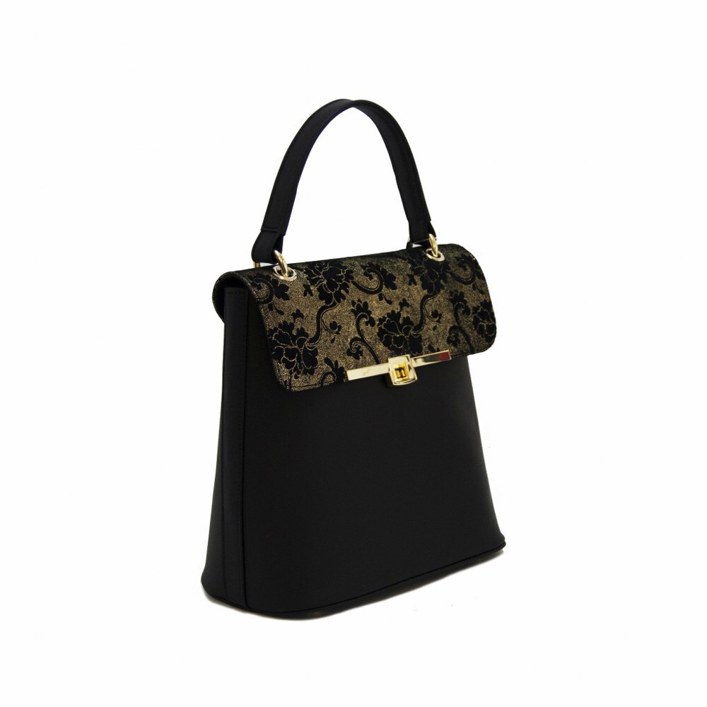 Geanta dama,Zea,piele naturala,neagra floral baroc