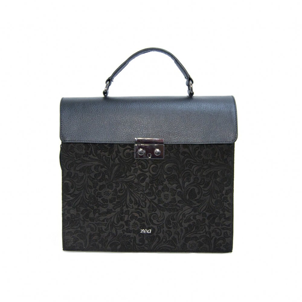 Geanta dama,Zea,piele naturala,neagra,florala