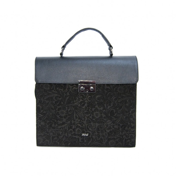 Női táska, Zea, természetes bőr, fekete, virágos