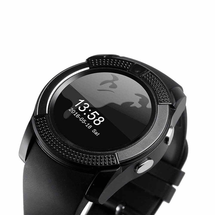 Комплект Комплект Смарт часовник Smart watch, V8 с bluetooth, камера и SIM карта, Черен + SD карта 16 GB Kingston + Анатомична облегалка Lumbar Support + комфорт