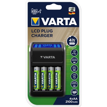 Incarcator Varta LCD USB Plug 57677 + 4 acumulatori AA 2100 mAh Incarcator Varta LCD USB Plug 57677 + 4 acumulatori AA 2100 mAh