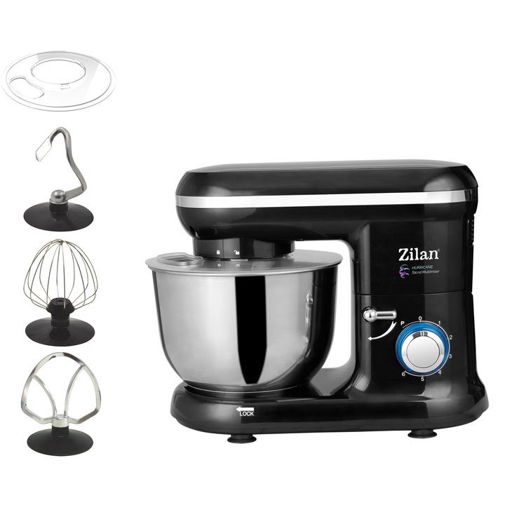 Stand Mixer multifunctional Hurricane, 1000W, bol inox detasabil 4.5L, 6 viteze + pulse, miscare planetara, Negru